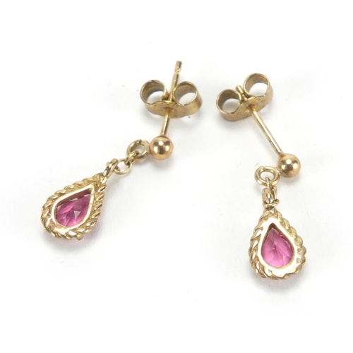 2763 - Pair of 9ct gold pink stone tear drop earrings, 2cm in length, approximate weight 1.0g