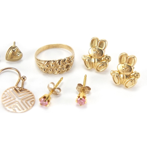 2716 - Three pairs of 9ct gold earrings, two 9ct gold rings and one other earring, approximate weight 3.0g