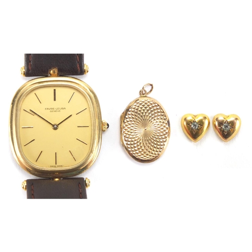 2806 - Assorted jewellery including a Favre-Leuba wristwatch, 9ct gold bar and a pair of clears tone love h... 