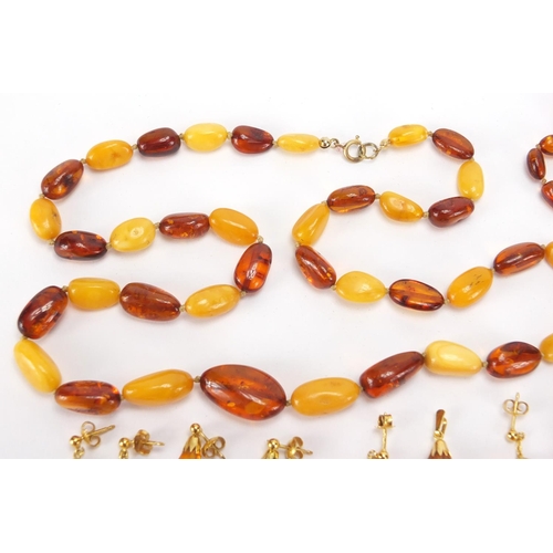 2728 - Natural and butterscotch amber coloured bead necklaces, pendants and earrings, approximate weight 65... 