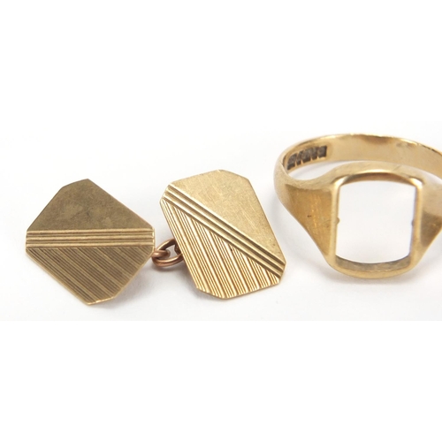 2704 - 9ct gold ring setting, 9ct gold cufflink and a watch link, approximate weight 7.2g