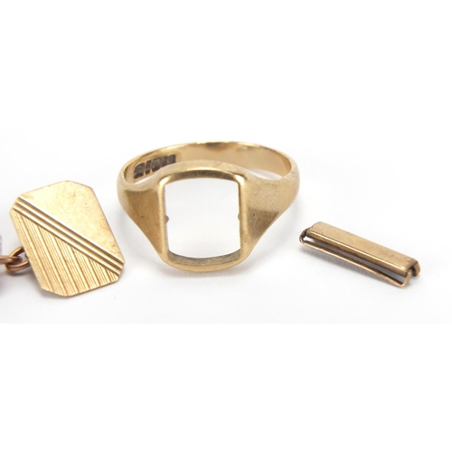 2704 - 9ct gold ring setting, 9ct gold cufflink and a watch link, approximate weight 7.2g