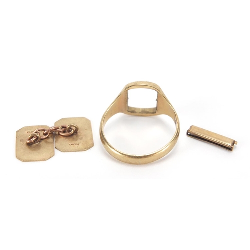 2704 - 9ct gold ring setting, 9ct gold cufflink and a watch link, approximate weight 7.2g