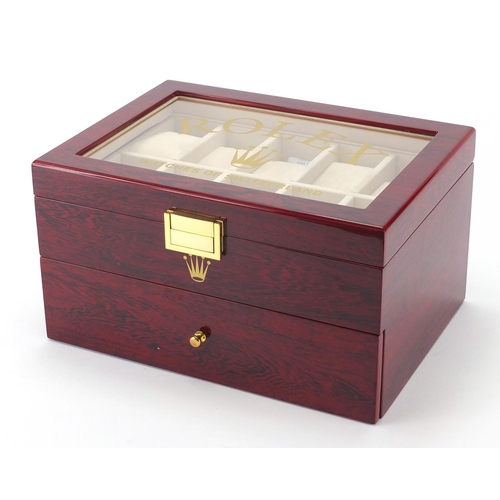 2189 - Rolex cherrywood dealers display watch box, with base drawer, 16.5cm H x 29.5cm W x 21.5cm D