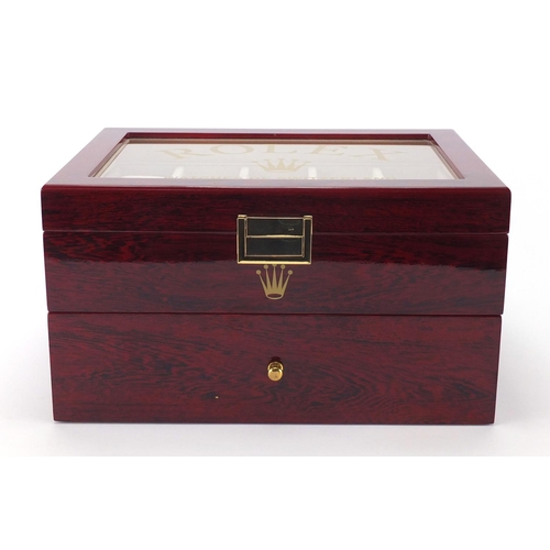 2189 - Rolex cherrywood dealers display watch box, with base drawer, 16.5cm H x 29.5cm W x 21.5cm D