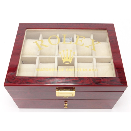 2189 - Rolex cherrywood dealers display watch box, with base drawer, 16.5cm H x 29.5cm W x 21.5cm D