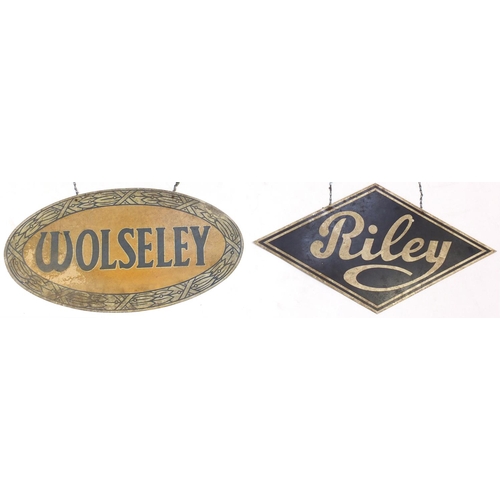 140 - Two automobilia interest dealer hangings, Riley and Wolseley, the largest 64.5cm wide