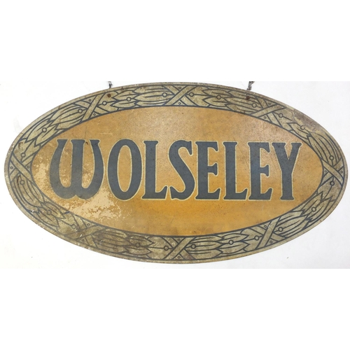 140 - Two automobilia interest dealer hangings, Riley and Wolseley, the largest 64.5cm wide