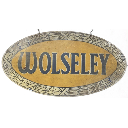 140 - Two automobilia interest dealer hangings, Riley and Wolseley, the largest 64.5cm wide