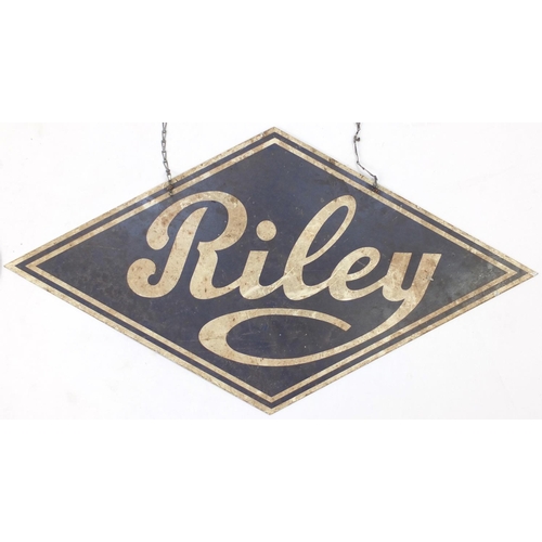 140 - Two automobilia interest dealer hangings, Riley and Wolseley, the largest 64.5cm wide