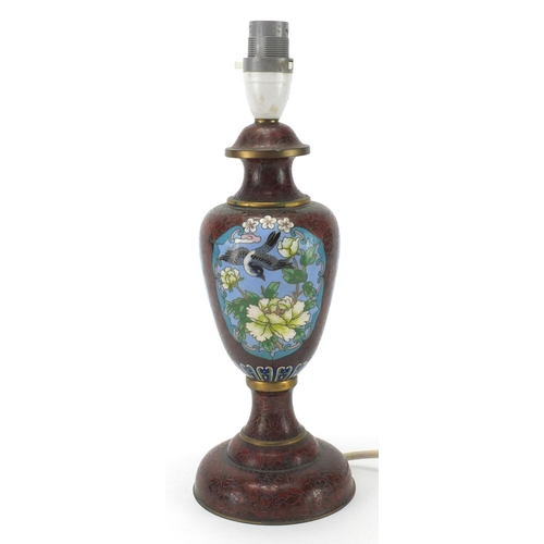 2373 - Chinese cloisonné lamp base, enamelled with panels of birds of Paradise amongst flowers, 33cm high