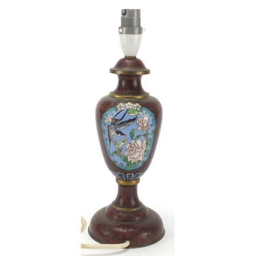 2373 - Chinese cloisonné lamp base, enamelled with panels of birds of Paradise amongst flowers, 33cm high