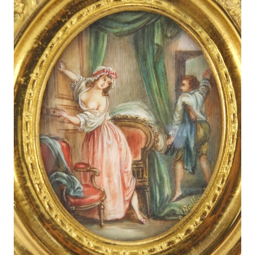 2 - Pair of oval hand painted portrait miniatures onto ivory depicting lovers in an interior, one after ... 