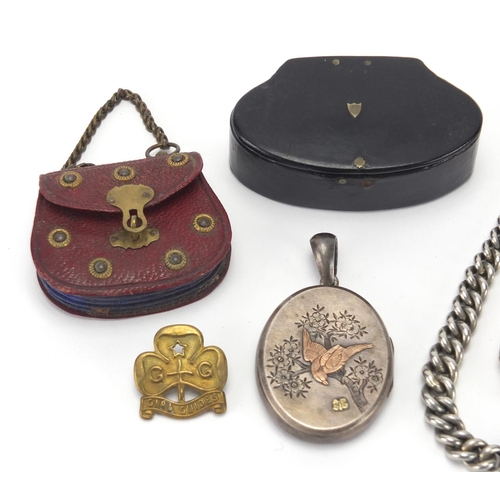 2519 - Antique and later objects including a Victorian aesthetic silver locket, coin purse, watch chain and... 