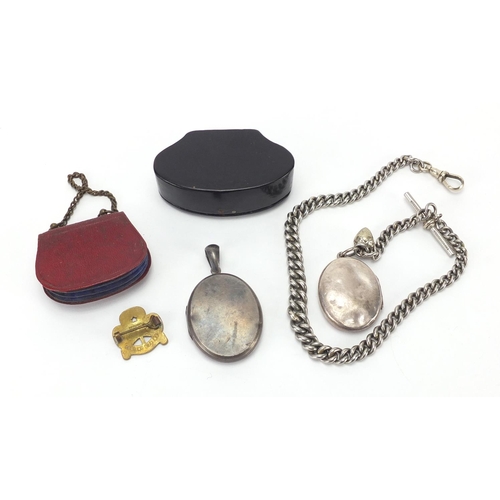 2519 - Antique and later objects including a Victorian aesthetic silver locket, coin purse, watch chain and... 