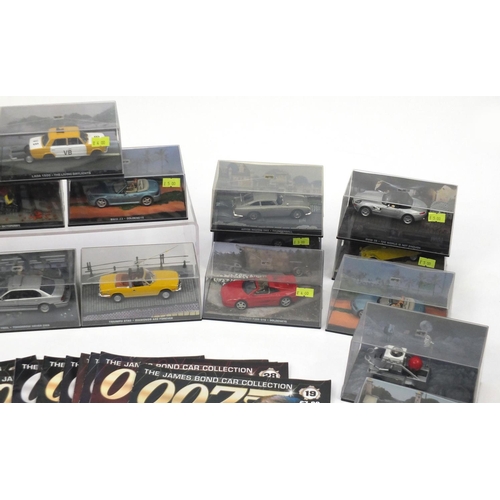 695 - EON Productions Limited James Bond 007 die cast vehicles, with magazines including Tuk Tuk Octopussy... 