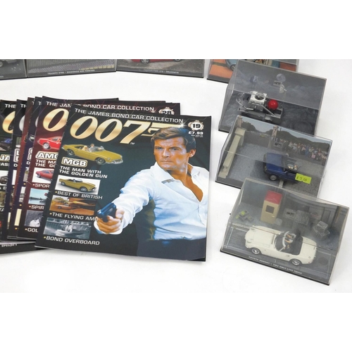 695 - EON Productions Limited James Bond 007 die cast vehicles, with magazines including Tuk Tuk Octopussy... 