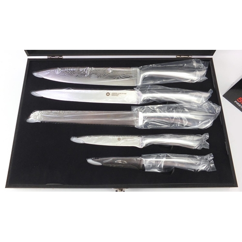 2134 - As new Swiss five piece knife set, with Damask steel blades and fitted case