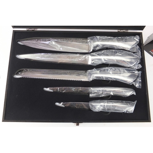 2135 - As new Swiss five piece knife set, with Damask steel blades and fitted case