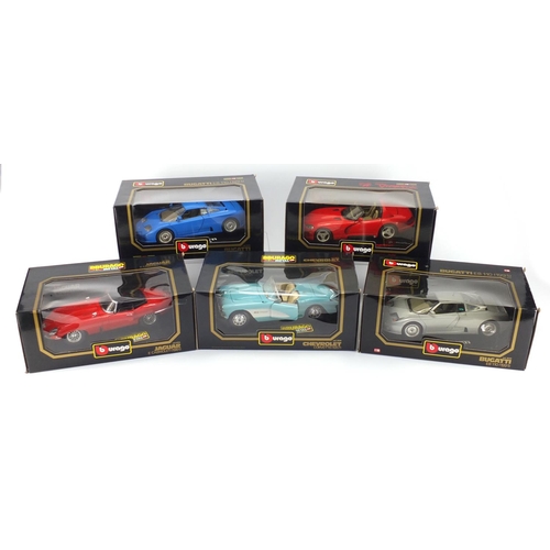 685 - Five Bburago die cast metal vehicles, with boxes scale 1:18 including Bugatti and Jaguar