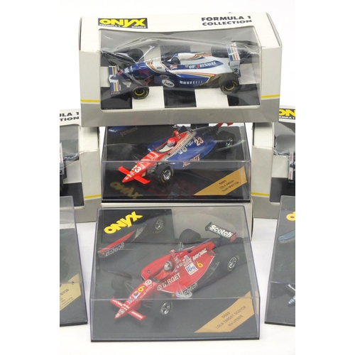 678 - Nine Onyx die cast Formula 1 racing vehicles, with boxes scale 1:24 including five Williams Renault