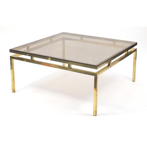 2063 - 1970's brass framed coffee table with glass top, possibly Italian, 47cm H x 99cm W X 99cm D