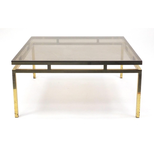 2063 - 1970's brass framed coffee table with glass top, possibly Italian, 47cm H x 99cm W X 99cm D