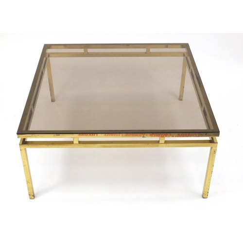 2063 - 1970's brass framed coffee table with glass top, possibly Italian, 47cm H x 99cm W X 99cm D