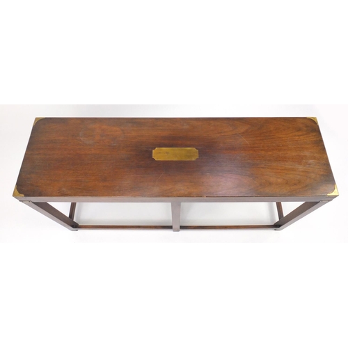 2056 - Campaign style mahogany console table with brass mounts, 69cm H x 137cm W x 40.5cm D