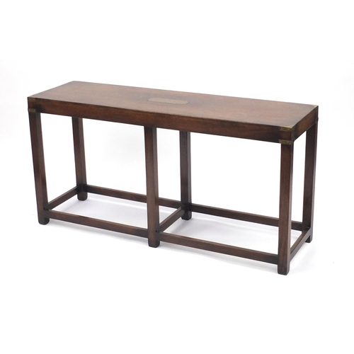 2056 - Campaign style mahogany console table with brass mounts, 69cm H x 137cm W x 40.5cm D