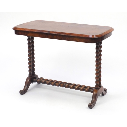 2080 - Victorian burr walnut centre table with bobbin turned supports, 68cm H x 91cm W x 47cm D