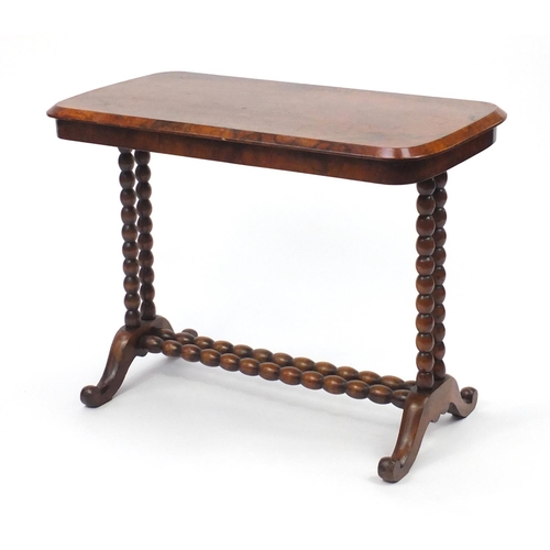 2080 - Victorian burr walnut centre table with bobbin turned supports, 68cm H x 91cm W x 47cm D