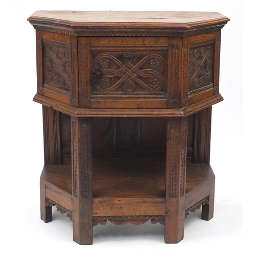 2006 - Antique oak credence cupboard, with carved panels and under tier, 85.5cm H x 80cm W x 46.5cm D