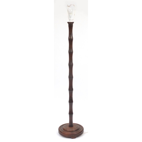 2074 - Mahogany carved simulated bamboo standard lamp, 160cm high excluding the fitting