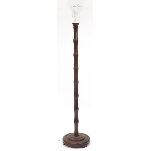 2074 - Mahogany carved simulated bamboo standard lamp, 160cm high excluding the fitting