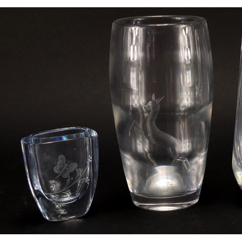 2267 - Four clear art glass vases, three with etched design, including Holmegaard and Orrefors, the largest... 