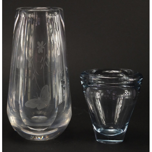 2267 - Four clear art glass vases, three with etched design, including Holmegaard and Orrefors, the largest... 