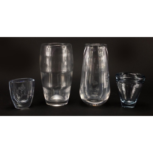 2267 - Four clear art glass vases, three with etched design, including Holmegaard and Orrefors, the largest... 