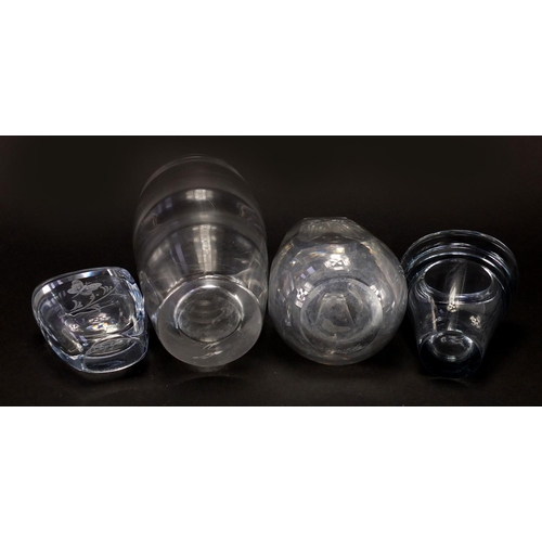 2267 - Four clear art glass vases, three with etched design, including Holmegaard and Orrefors, the largest... 