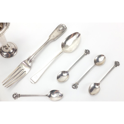 2548 - Silver items including Christening egg cup and spoon, Victorian fork, teaspoons and bud vase, variou... 