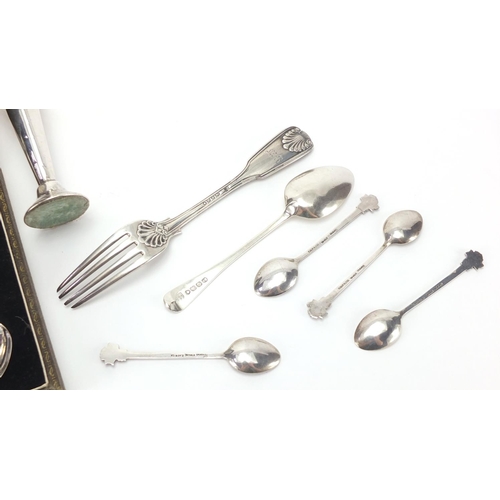 2548 - Silver items including Christening egg cup and spoon, Victorian fork, teaspoons and bud vase, variou... 