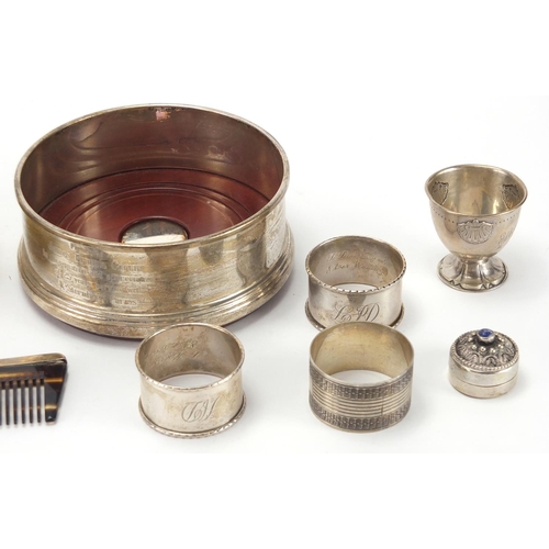 2554 - Silver items including circular wine coaster, tortoiseshell and Piqué work dressing table items and ... 