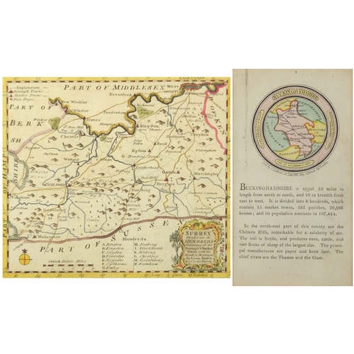 168 - 18th century map of Surrey by Emmanuel Bowen and a book leaf by Joseph Luffman, both hand coloured, ... 
