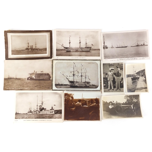 188 - Mostly Military and shipping postcards and photographs including HMS Victory, HMS Royal Sovereign an... 
