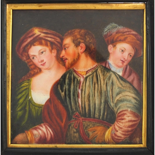 4 - 19th century square hand painted portrait miniature of three classical figures, mounted and framed, ... 