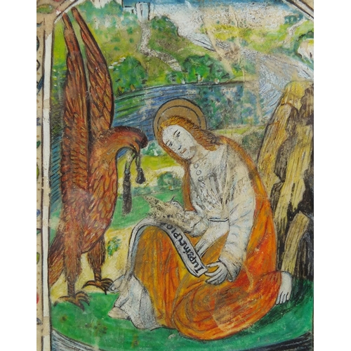 7 - Early painted vellum Manuscript illumination, depicting religious figures and script, 24.5cm x 16cm