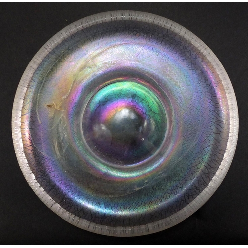 780 - Iridescent footed frosted and clear glass dish in the style of Loetz, 20cm in diameter