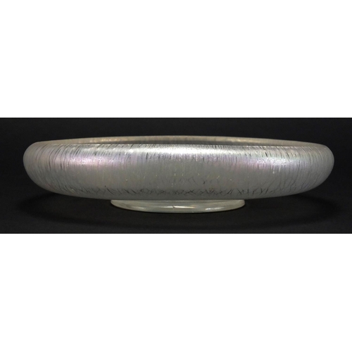 780 - Iridescent footed frosted and clear glass dish in the style of Loetz, 20cm in diameter