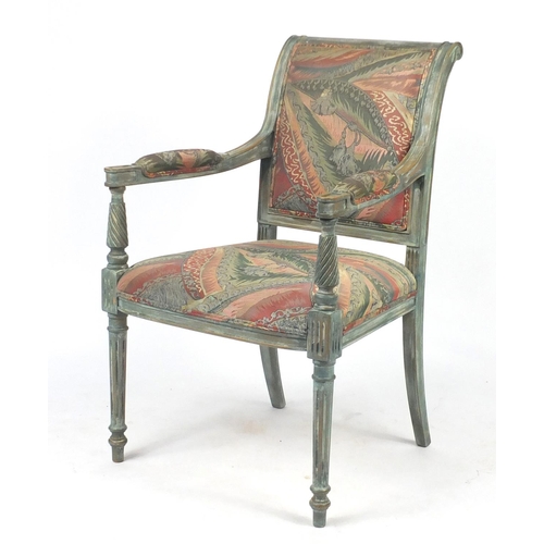 2040 - Shabby Chic painted open armchair, with fluted legs and stylised floral upholstery, 98cm high
