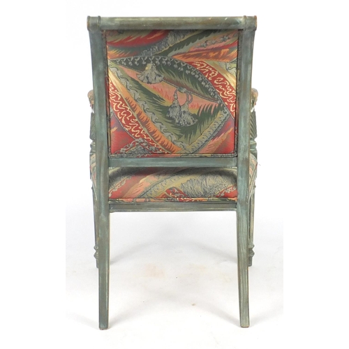 2040 - Shabby Chic painted open armchair, with fluted legs and stylised floral upholstery, 98cm high